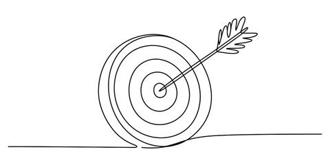 Continuous line drawing of an arrow hitting the center of a target bullseye on white. © JoyChandra