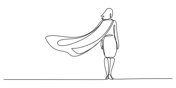 Continuous line drawing of a woman standing from behind with a cape blowing in the wind.