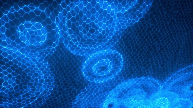 Vast hexagonal energy grid pulsing with blue light and rippling from impacts in a dark void concept of a protective force field and barrier