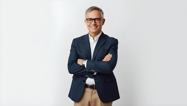 A confident middle-aged man in a navy blazer stands with his arms crossed against a plain white background