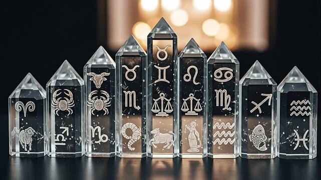 Twelve crystal pillars displaying all zodiac signs, illuminated on a dark background in a studio setting.