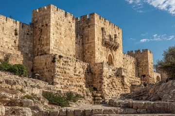 Fototapeta premium Ancient stone fortress under a blue sky, showcasing architecture and history
