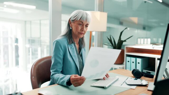 Woman, typing and document in office with computer, data analysis or comparison for financial audit. Mature businessperson, research or desktop in workplace with finance performance, stats or graphs.