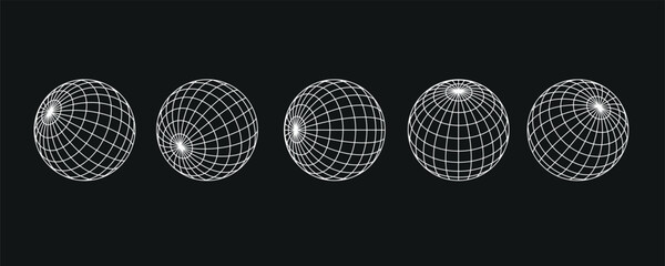 Set of white wireframe Globe spheres in multiple views and rotations isolated on black background. Minimal 3D grid mesh geometry collection for technology, geodesy, UI, infographics and design element © Hannet