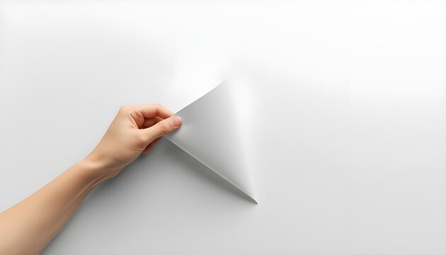 A hand peeling off a white sticker from a smooth surface