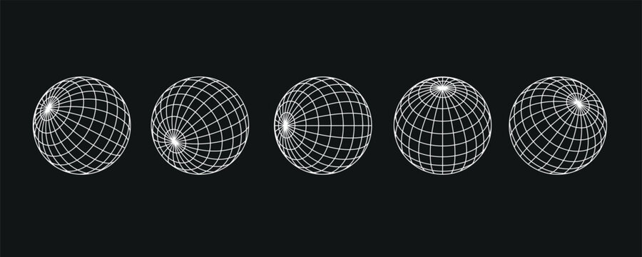 Set of white wireframe Globe spheres in multiple views and rotations isolated on black background. Minimal 3D grid mesh geometry collection for technology, geodesy, UI, infographics and design element