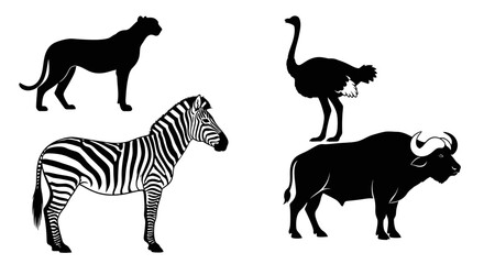 Fototapeta premium African Safari Animals Silhouettes: Cheetah, Zebra, Ostrich, and Buffalo Wildlife Collection