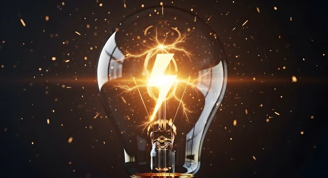 Creative energy and innovative light bulb idea. Power generation and electricity concept. Glowing glass lightbulb with an electric lightning bolt inside and golden sparks flying.