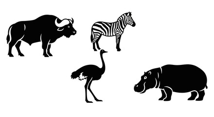 Obraz premium African Wildlife Silhouettes Collection: Buffalo, Zebra, Ostrich, Hippo Icons