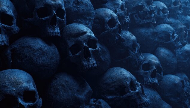 A shadowed close-up of a multitude of human skulls, stacked closely together