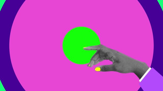 Pop art collage of hand touching at colorful concentric circles transition on green screen background