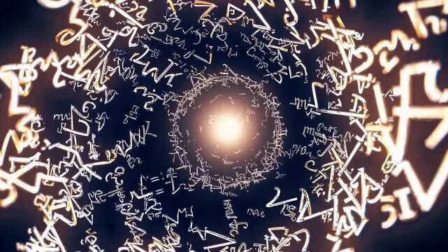equation spiral knowledge tunnel with glowing formulas and symbols orbiting toward bright core, scholarly atmosphere, research visualization for physicist or educator, swirling abstract math