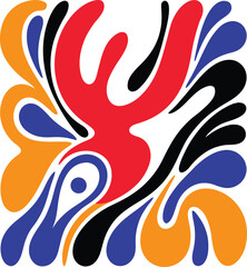Naklejka premium Abstract vibrant fluid shapes with stylized swan-like silhouette in bold colors.