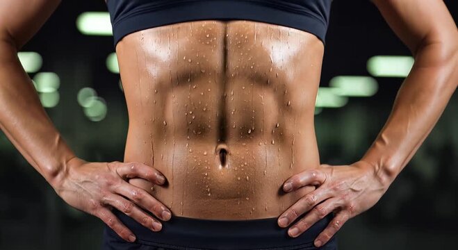 abs workout: sweaty female athlete with defined core in gym