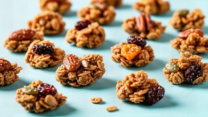 Delicious homemade granola bites with nuts and dried fruits on blue background, healthy snack