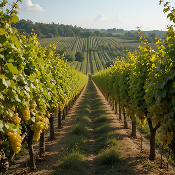 Harvest time in Cognac white wine region, Charente, vineyards with rows of ripe ready to harvest ugni blanc grape uses for Cognac strong spirits distillation, France