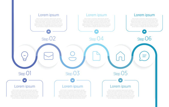 A sleek horizontal timeline featuring 6 circular milestones connected by a flowing line, with alternating icon