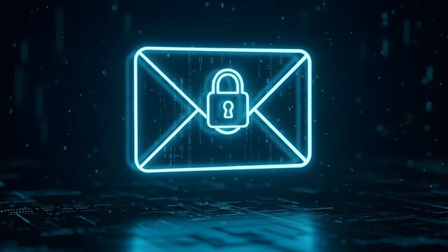 Secure email encryption and digital message privacy. Cyber security and data protection. Glowing neon envelope icon with a padlock on a binary code background