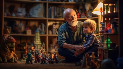 Obraz premium Grandfather and Grandson Playing with Toys in a Cozy Room.