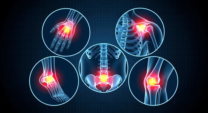 Human skeleton with highlighted joint pain in hands, knees, and spine