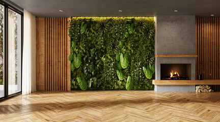 Fototapeta premium Vertical Green Wall in modern living room interior, 3d render