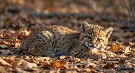 Wild kitten nestled in autumn leaves