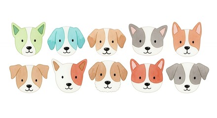 Fototapeta premium Cute cartoon dog faces in various colors and patterns