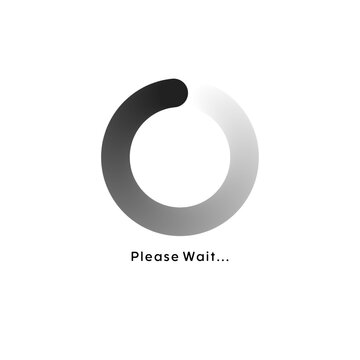Minimalist circular loading progress icon with smooth gradient ring spinner and please wait text on a solid white background for digital UI UX.