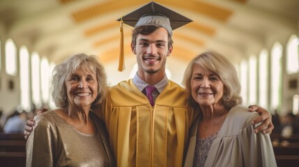 Fototapeta premium Happy Graduate Posing with Proud Grandmothers in Church.