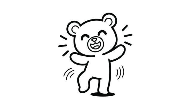 Joyful and energetic cartoon bear dancing happily, drawn in a simple black and white line art style for easy coloring.