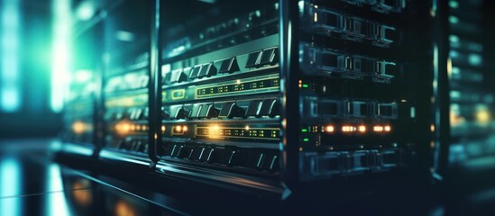 Obraz premium Modern Server Room with Racks of Computers and Blinking Lights.