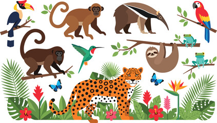 Colorful tropical rainforest animals vector illustration featuring monkey sloth leopard toucan parrot frogs butterflies and lush jungle foliage © Jahangir