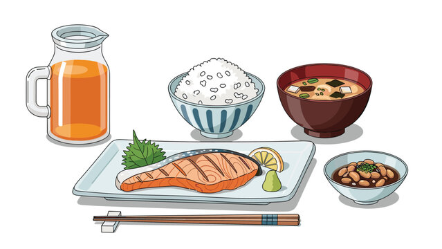 Traditional Japanese breakfast set featuring grilled salmon, white rice, miso soup, fermented beans, and a glass of orange juice.