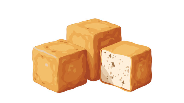 Three blocks of golden brown deep-fried tofu also known as aburaage with one block cut open to show the soft white inside for cooking.