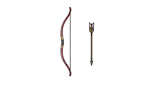 Traditional wooden longbow and a single feathered arrow set vertically against a plain white background for archery sports.