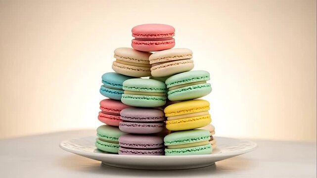 Stack of colorful French macarons on a white plate, isolated white background, delicious sweet dessert.