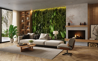 Fototapeta premium Vertical Green Wall in modern living room interior, 3d render