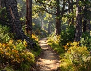 Obraz premium A sun-dappled path winds through a lush, vibrant forest. Towering trees frame the trail, with hints of yellow and orange flora