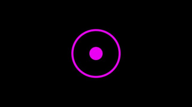 A bright cyan concentric circle with a solid cyan dot in the center against a deep black background.