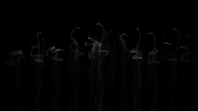White smoke gracefully ascends deep black, forming abstract visuals. Delicate wisps create mysterious atmosphere. Profound dark offers subtle light streaks, unique texture, elegant serene movement
