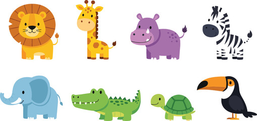 Fototapeta premium Cute cartoon safari animals vector set including lion giraffe hippo zebra elephant crocodile turtle and toucan for kids illustration design