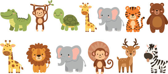 Cute jungle and woodland animals vector set with lion giraffe elephant monkey tiger bear deer zebra cartoon illustration © Jahangir
