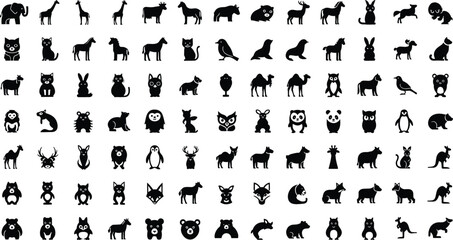 Fototapeta premium Animal silhouette icon set with wild and domestic animals, black vector symbols, zoo wildlife pictogram collection for design use