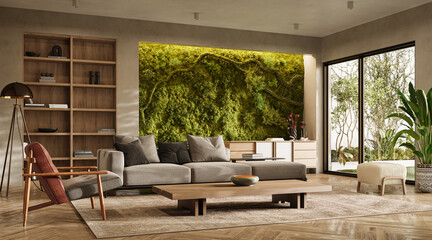 Naklejka premium Vertical Green Wall in modern living room interior, 3d render