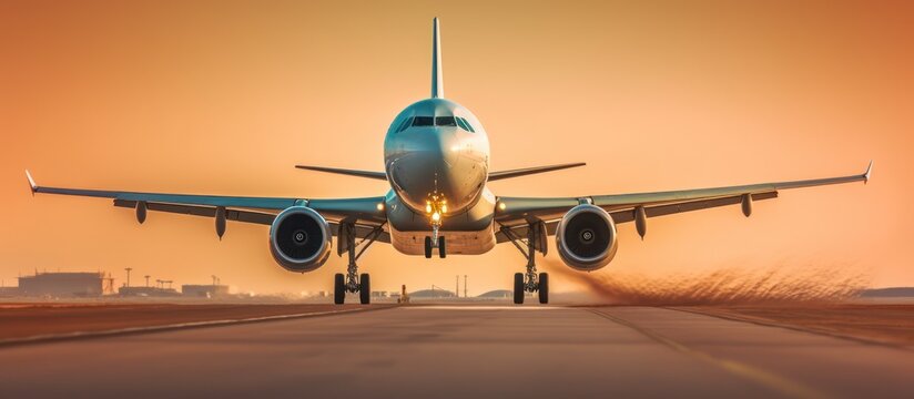 Commercial airplane on runway during sunset with warm orange sky.