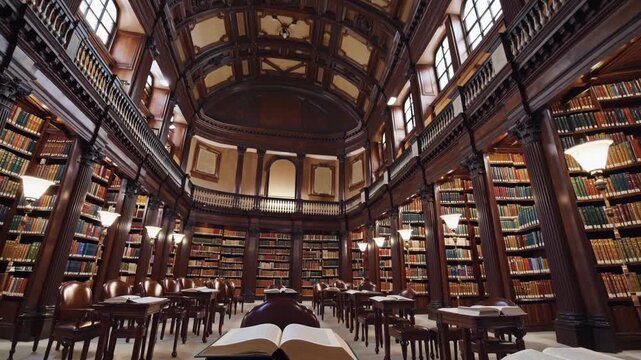 Grand historic library with open book foreground, expansive oak shelves reaching toward ornate dome ceiling, mezzanine balcony, warm lamp light casting soft glow across leather-bound volumes, empty