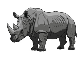 Obraz premium A grayscale depiction of a rhinoceros standing on a white background The rhino has two horns