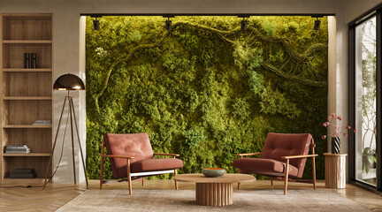 Naklejka premium Vertical Green Wall in modern living room interior, 3d render