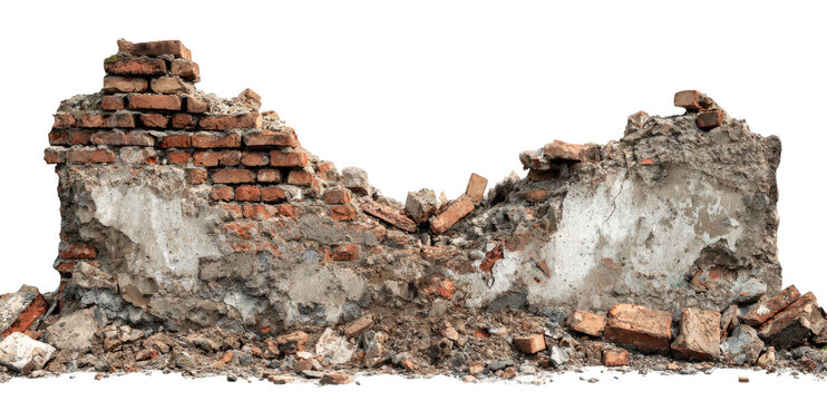 Remains of a weathered brick and mortar wall; fragments, rubble, and aged construction