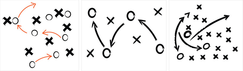 Hand drawn diagram illustrating complex tactical movements involving circles and crosses on a white background representing strategy.